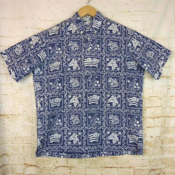 VTG 90s Reyn Spooner Lahaina Sailor Popover Men M Blue Denim Hawaiian Flag Beach - Picture 2 of 12